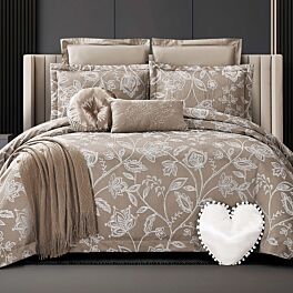 طقم لحاف أنبيلا صيفي مزدوج قطن جاكارد فاخر مطرز 10 قطع - بيج غامق