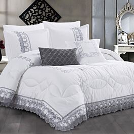 طقم لحاف درة صيفي مزدوج فاخر قطن مطرز 8 قطع - ابيض ورصاصي