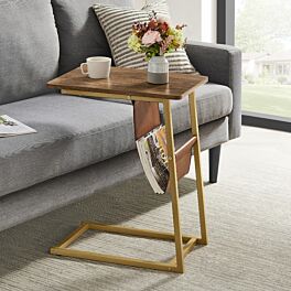 طاولة جانبية هوقا ستيل و سطح خشبي بني وذهبي - 62x50x35 سم