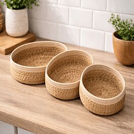طقم سلة خوص طبيعي صناعة يدوية - 3 قطع - بني وبيج