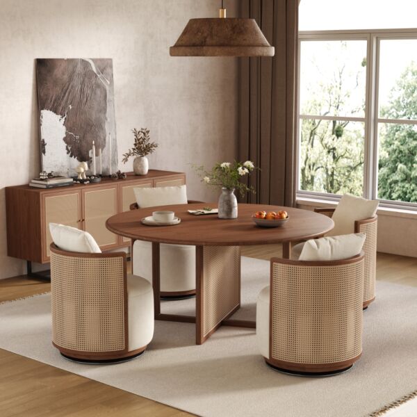 Natural Rattan Dining Table For 4 People - Brown and Beige
