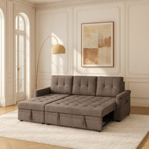 كنب سرير زاوية مع شاحن بورفال - بني غامق