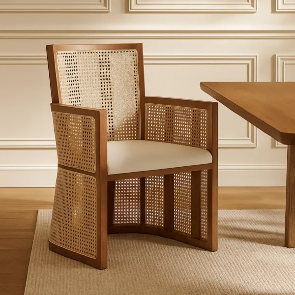 كرسي طعام راتان طبيعي من ويلو قلو - بني وبيج