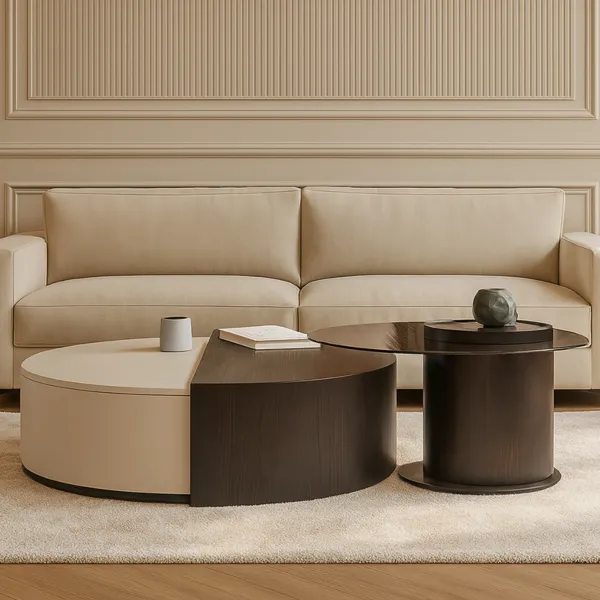 طاولة قهوة راوندي قطعتين - بني وبيج