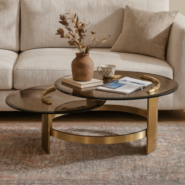 طاولة قهوة مودرن رايش ستيل و سطح زجاجي - ذهبي و أسود