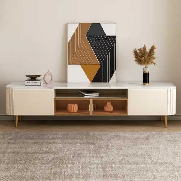 طاولة تلفزيون رونار خشبية و أرجل ستيل و سطح رخام أبيض - 200x53x40 سم