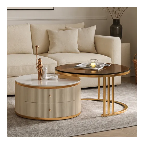 طاولة قهوة رونار خشبية و أرجل ستيل و سطح رخام و زجاج