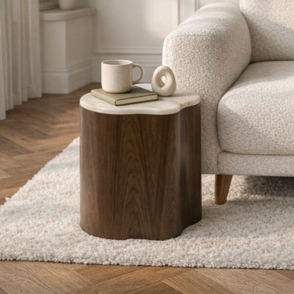 طاولة جانبية مموجة من مجموعة روسان - رخام طبيعي - بني غامق وابيض