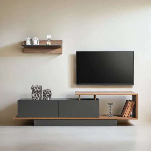 طاولة تلفزيون مع رف جداري اسوس إلم كوف - بني ورمادي غامق