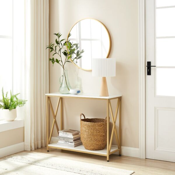 طاولة كونسول فانيل من هوقا ستيل و سطح خشبي أبيض و ذهبي - 100x80x35 سم