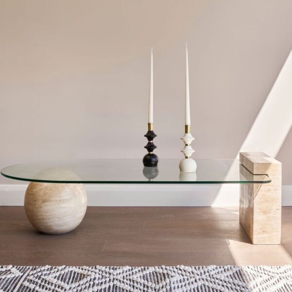 طاولة قهوة رخام الترافنتينو وزجاج ارنولد - بيج