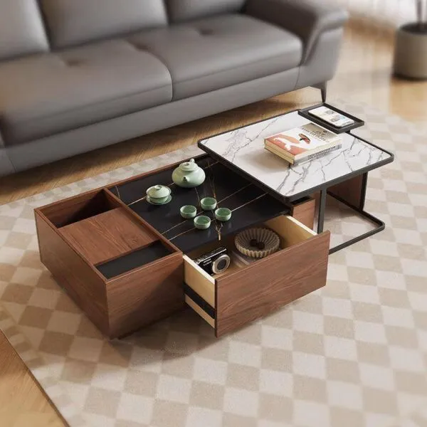 طاولة قهوة و طاولة جانبية مارغريت خشبية و سطح رخامي - بني