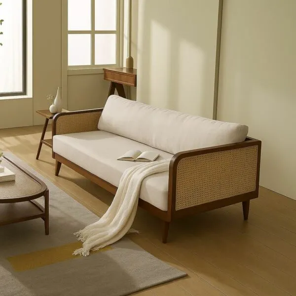 كنبة ثلاثية راتان طبيعي من ويلو - بني وبيج