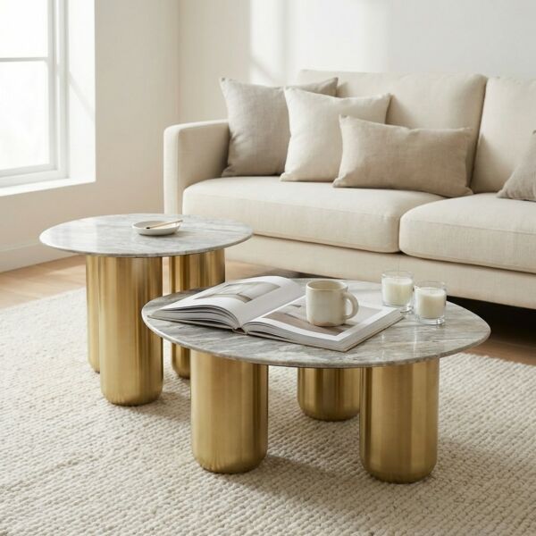 طاولة قهوة سطح رخام طبيعي فاليريو - قطعتين - ذهبي ومتعدد الالوان