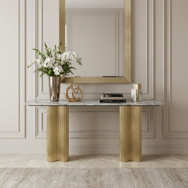 كونسول سوبي سطح رخام طبيعي - رمادي وذهبي