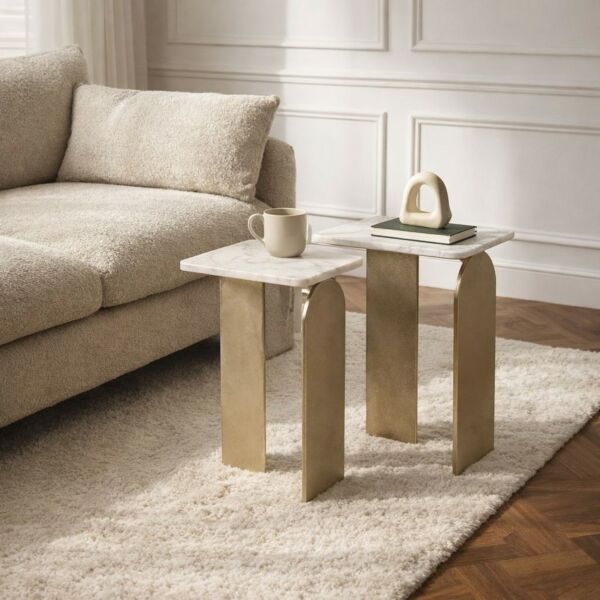 طقم طاولات جانبية كادبي - قطعتين - ذهبي وابيض
