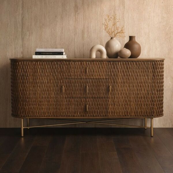 طاولة بوفيه خشب طبيعي ماميا مع ادراج - بابين - بني غامق