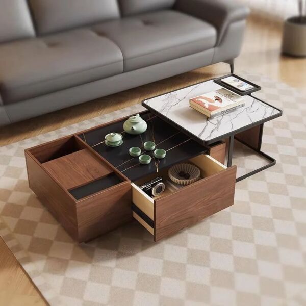 طاولة قهوة و طاولة جانبية مارغريت خشبية و سطح رخامي - بني