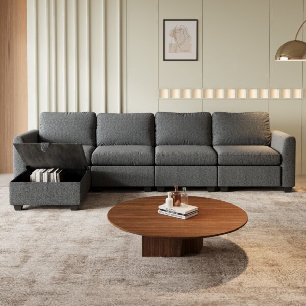 كنب زاوية رباعية مع وحدة تخزين كتان - رمادي غامق