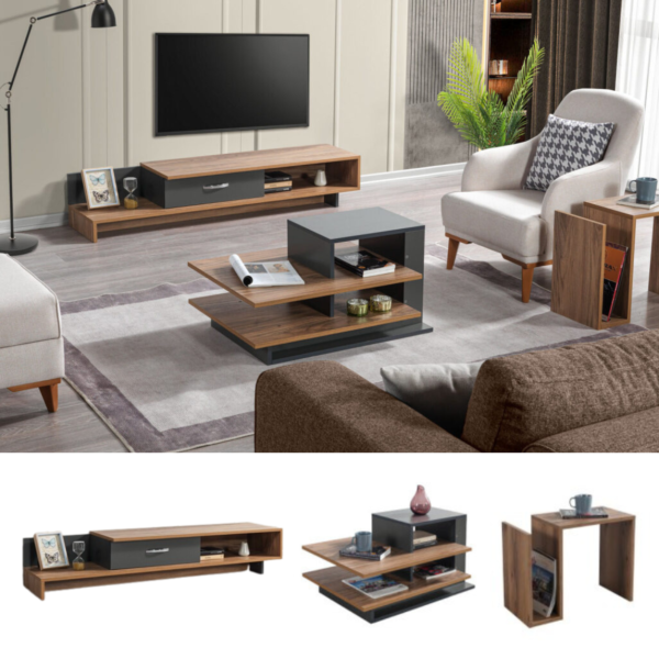 طقم طاولات فينوس إلم كوف - بني ورمادي غامق- 3 قطع 