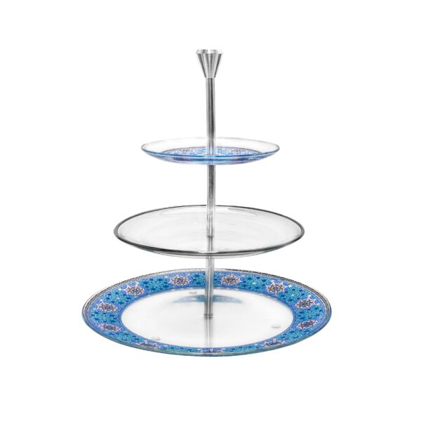 حامل حلويات زجاج 3 طبقات - ازرق وبلاتين