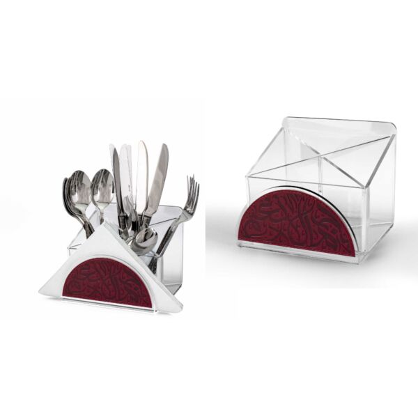 علبة أدوات مائدة مع حامل منديل جلد اكريليك - احمر غامق