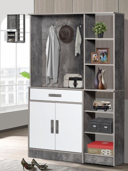 وحدة تخزين رفوف كاميسيا مع منظم أحذية و ستاند تعليق  خشب ماليزي رمادي وابيض 