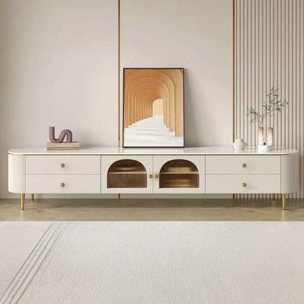 طاولة تلفزيون مايسترو خشبية و أرجل ستيل أبيض و ذهبي - 200x46x40 سم