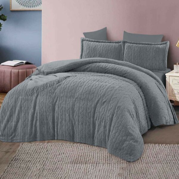 طقم لحاف كوين جاكار فرو سادة 4 قطع - رمادي غامق