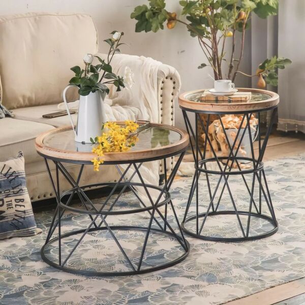 طاولة قهوة سطح خشب مزخرف بواجهة زجاج روكا