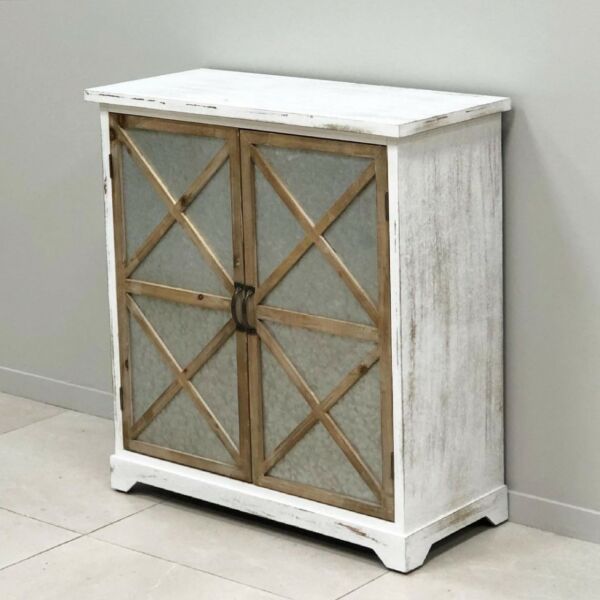 خزانة جانبية رفوف وخشب رونق-ابيض وبيج