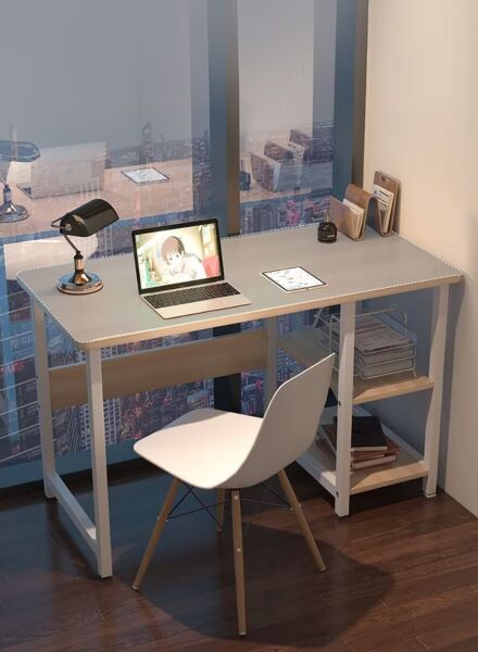 طاولة مكتب ستوني مع رفين - خشبي وأبيض