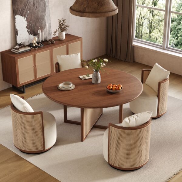 طاولة طعام راتان طبيعي 4 اشخاص من ويلو - بني وبيج