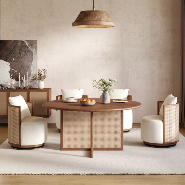 طاولة طعام راتان طبيعي 4 اشخاص من ويلو - بني وبيج