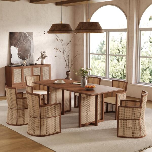 طاولة طعام راتان طبيعي 6 اشخاص من ويلو - بني وبيج