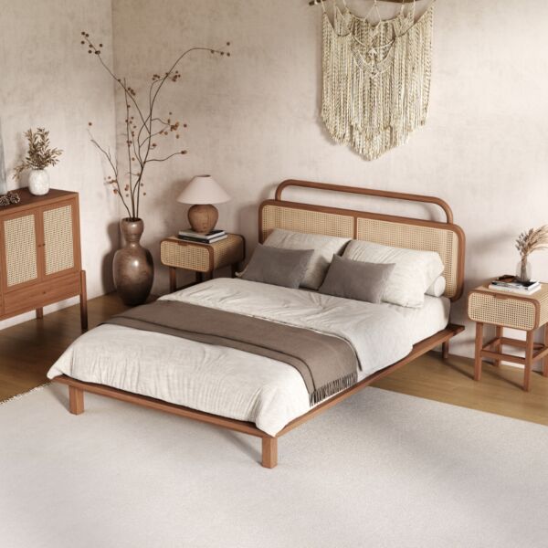سرير كوين راتان طبيعي 200x160 سم من ويلو - بني وبيج