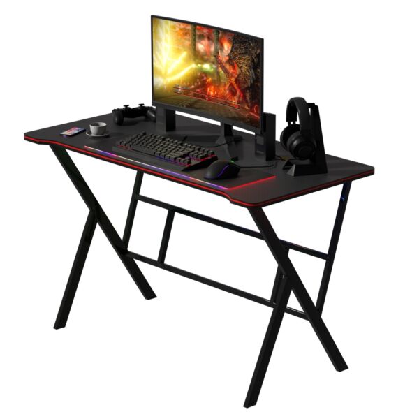 مكتب كمبيوتر اوفيس مع شريط اضاءة LED - أسود