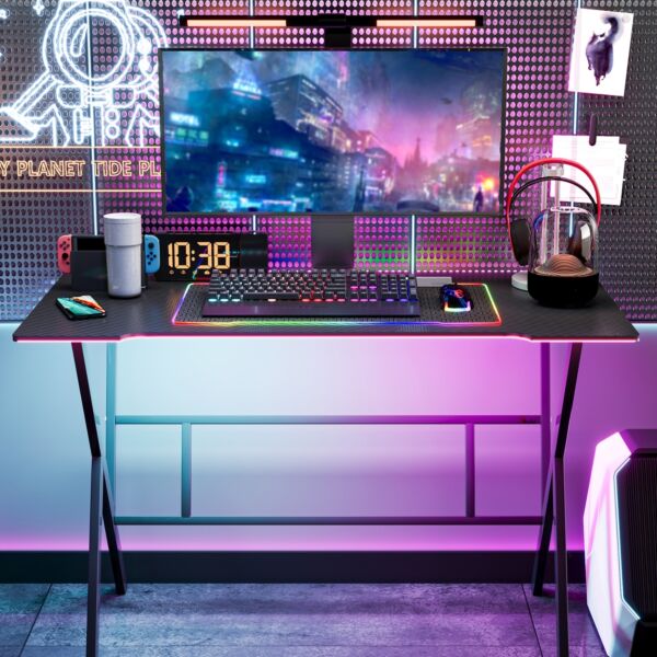 مكتب كمبيوتر اوفيس مع شريط اضاءة LED - اسود