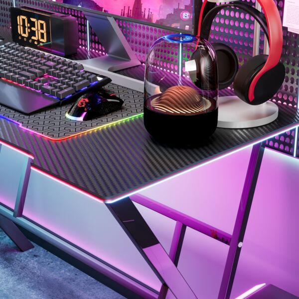 مكتب كمبيوتر اوفيس مع شريط اضاءة LED - اسود