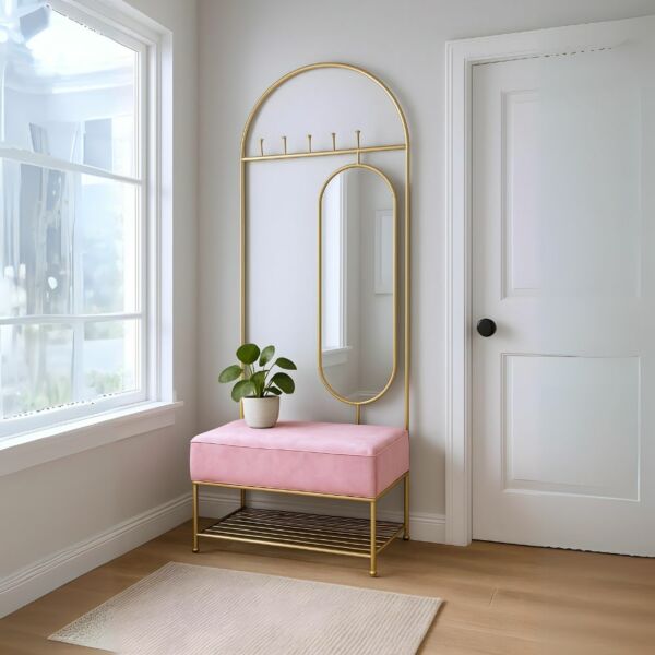 علاقة ملابس مع مرآة ومقعد بمساحة تخزين روزيتا - ذهبي