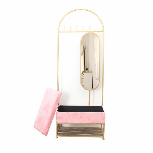 علاقة ملابس مع مرآة ومقعد بمساحة تخزين روزيتا - ذهبي