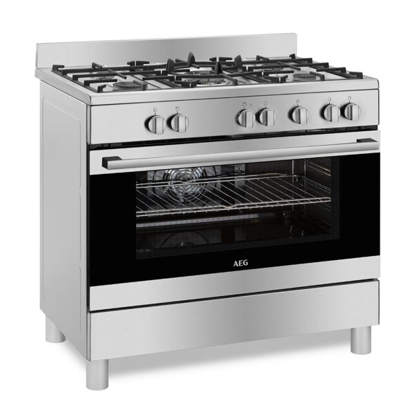 موقد غاز أيه إي جي 90 سم فري ستاند مع 5 شعلات وفرن بسعة 116 لتر مع مروحة للطبخ - ستانلس ستيل