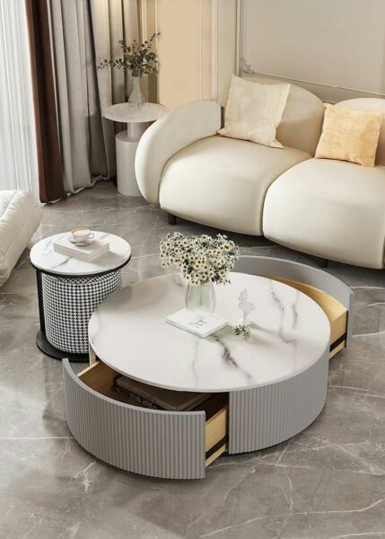 طاولة قهوة كالزون خشبية و سطح رخام رمادي