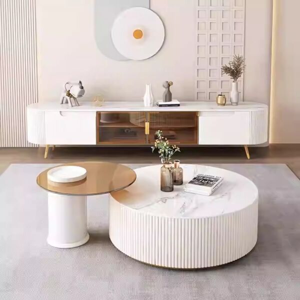 طاولة تلفزيون دورا خشبية و أرجل ستيل  - ابيض