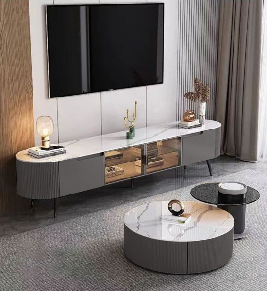 طاولة تلفزيون تريبلي خشبية رمادي و أبيض - 200x62x40 سم