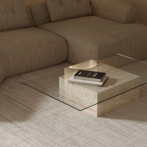 طاولة قهوة مستطيلة رخام ترافنتينو وزجاج