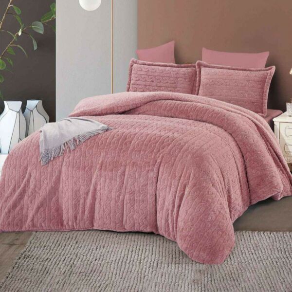 طقم لحاف كوين جاكار فرو سادة 4 قطع - وردي