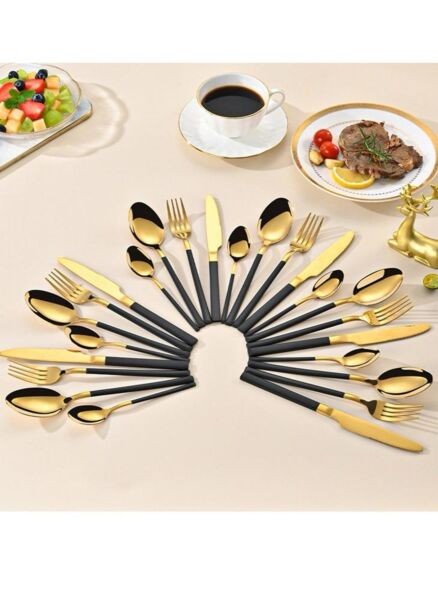 طقم أدوات مائدة 24 قطعة ذهبي وأسود من صن هوم