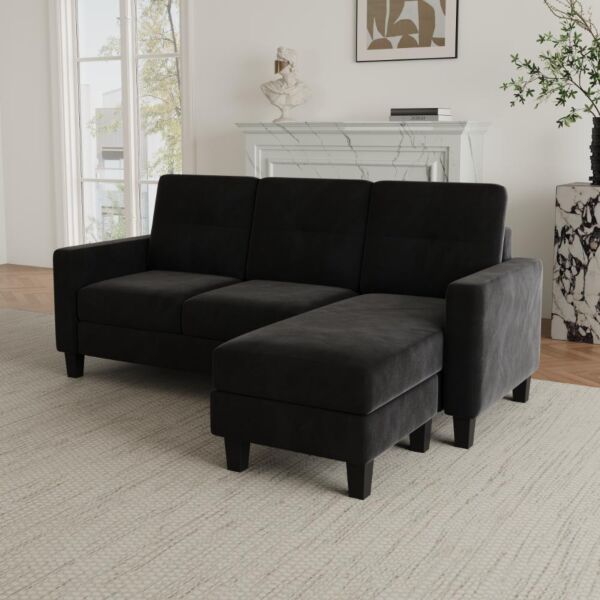 كنب زاوية مخمل حرف L موريتا - اسود