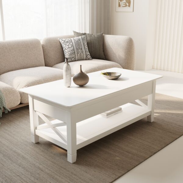 طاولة قهوة جينو بسطح رفع وتخزين داخلي - ابيض